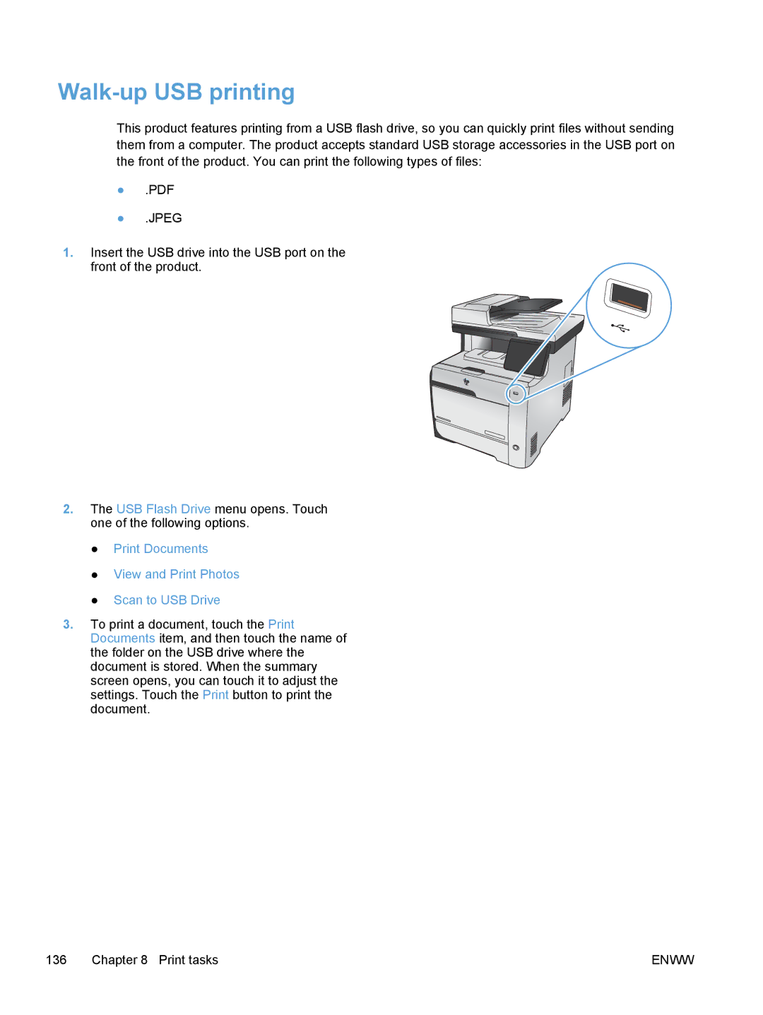 HP M475, M375 manual Walk-up USB printing, Jpeg 