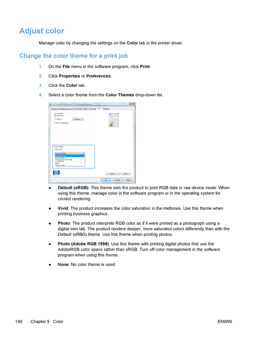 HP M475, M375 manual Adjust color, Change the color theme for a print job 