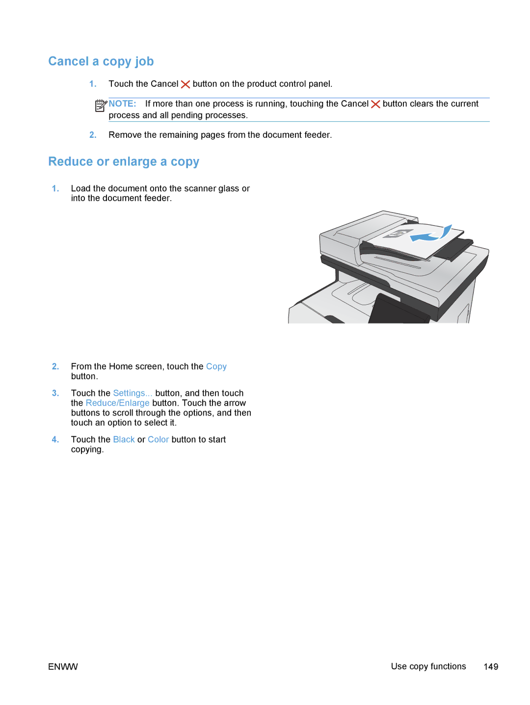 HP M375, M475 manual Cancel a copy job, Reduce or enlarge a copy 