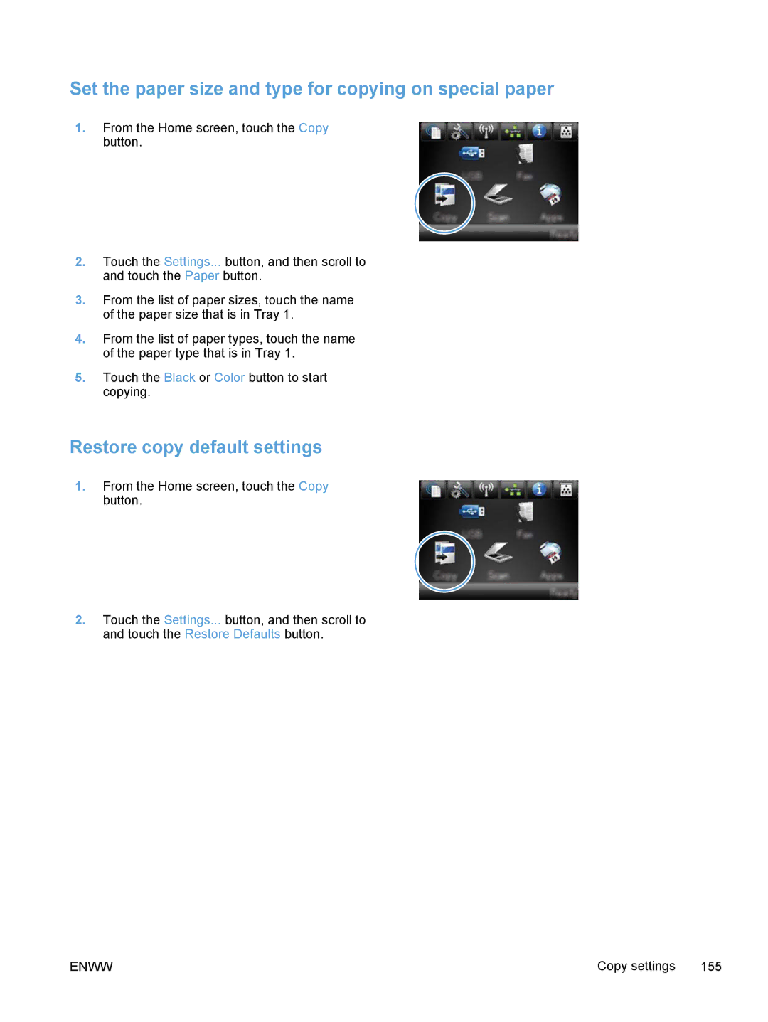 HP M375, M475 manual Set the paper size and type for copying on special paper, Restore copy default settings 