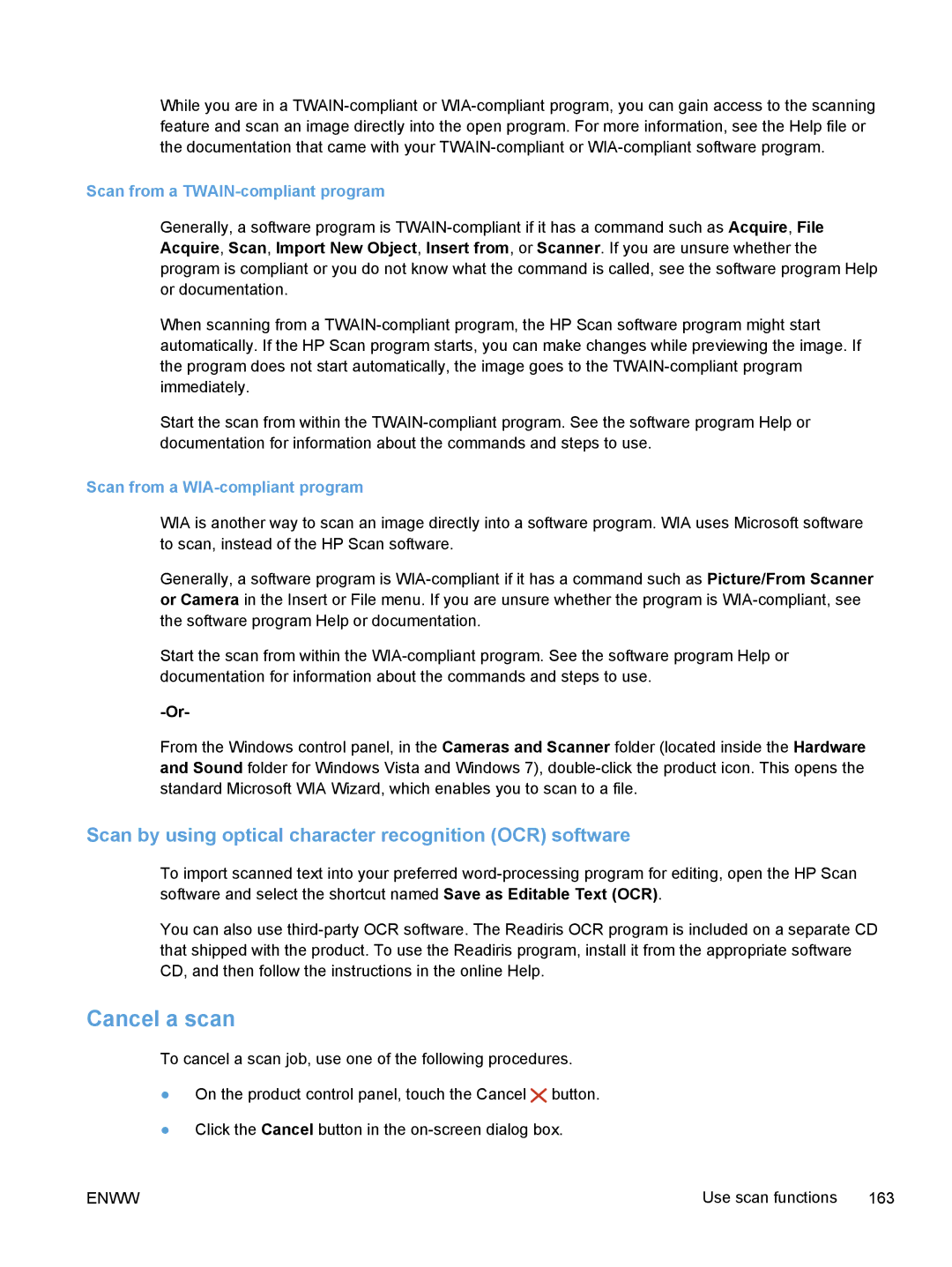 HP M375, M475 Cancel a scan, Scan by using optical character recognition OCR software, Scan from a TWAIN-compliant program 