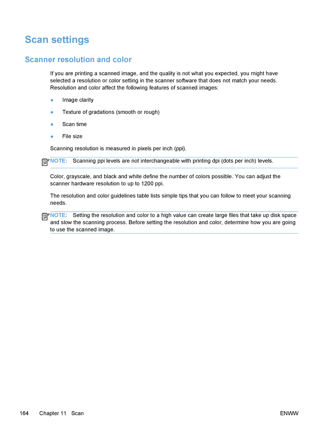 HP M475, M375 manual Scan settings, Scanner resolution and color 