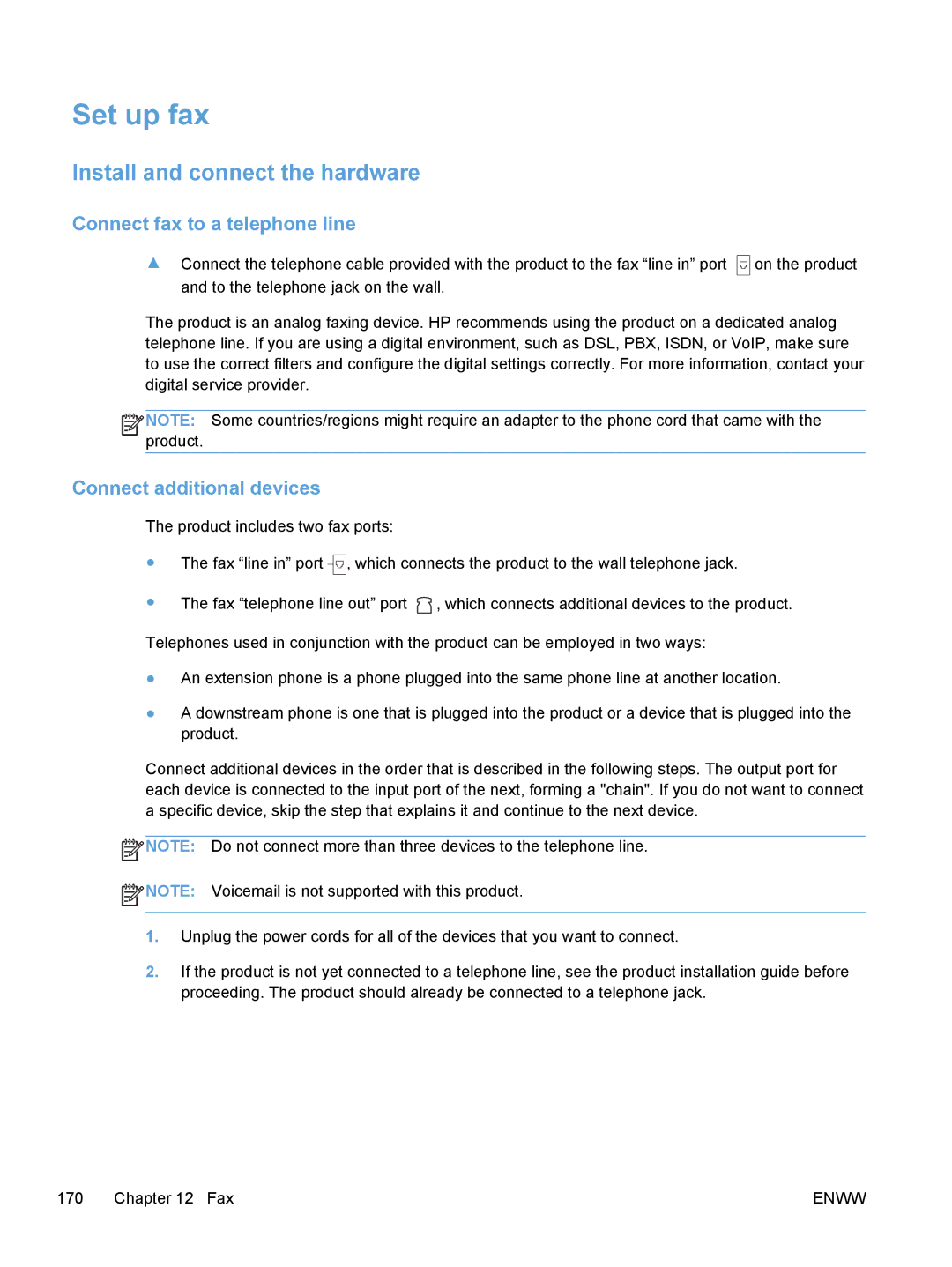 HP M475, M375 Set up fax, Install and connect the hardware, Connect fax to a telephone line, Connect additional devices 