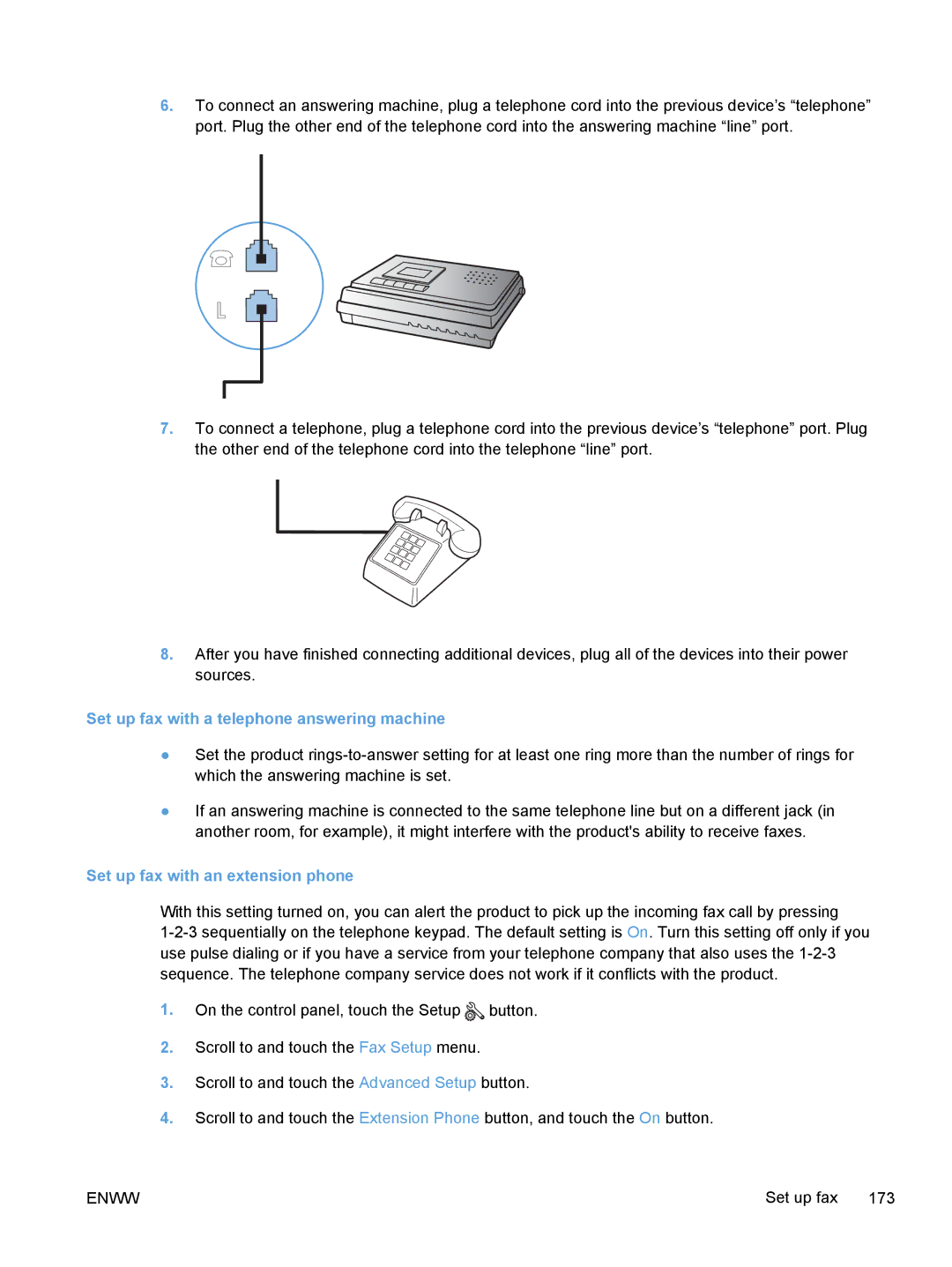 HP M375, M475 manual Set up fax with a telephone answering machine, Set up fax with an extension phone 