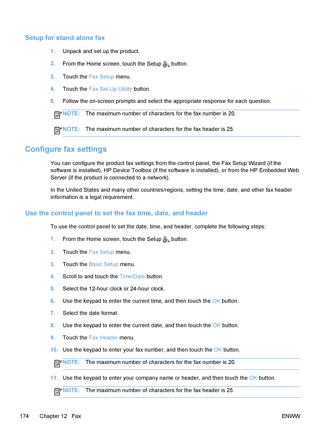 HP M475 Configure fax settings, Setup for stand-alone fax, Use the control panel to set the fax time, date, and header 