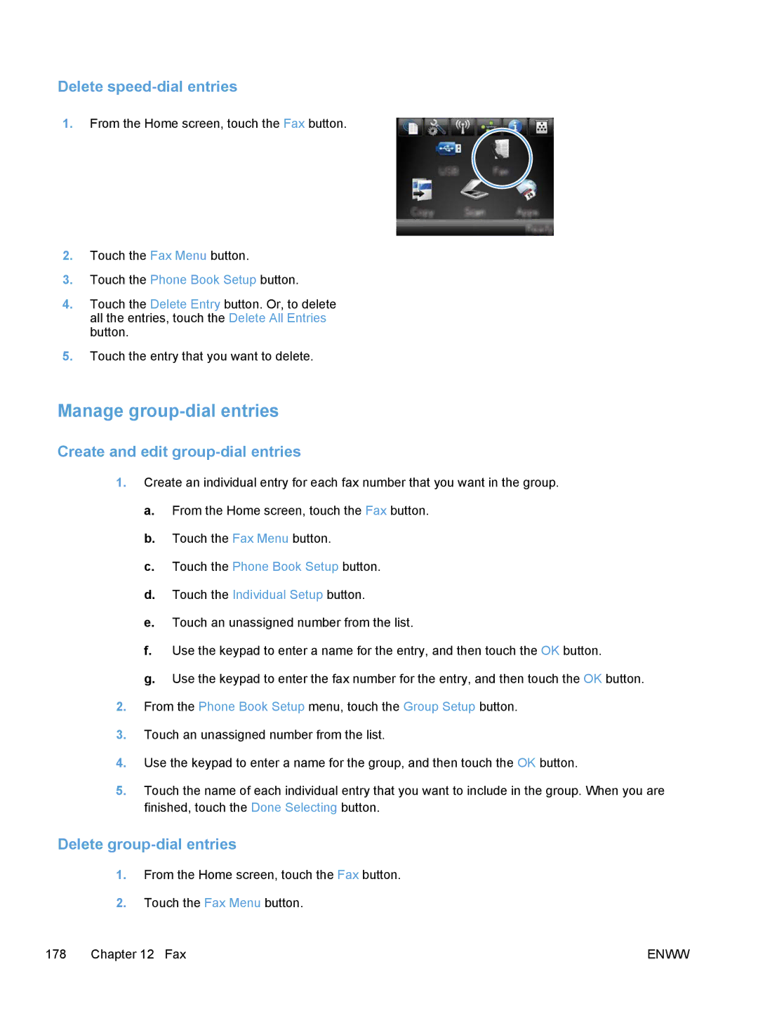 HP M475, M375 manual Manage group-dial entries, Delete speed-dial entries, Create and edit group-dial entries 