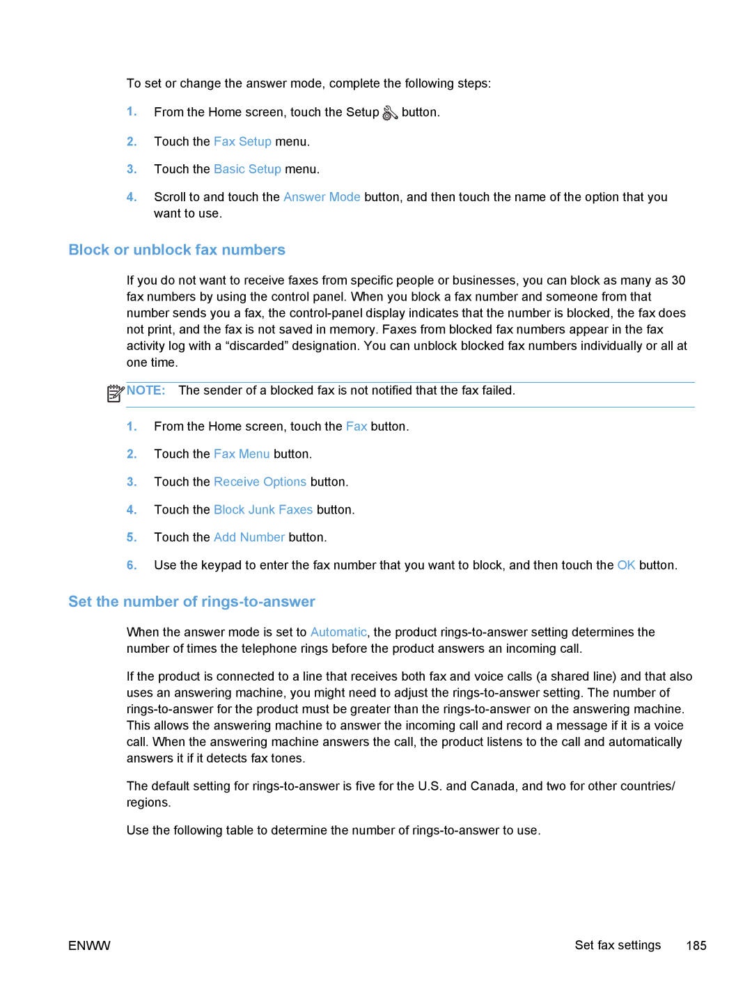 HP M375, M475 manual Block or unblock fax numbers, Set the number of rings-to-answer 