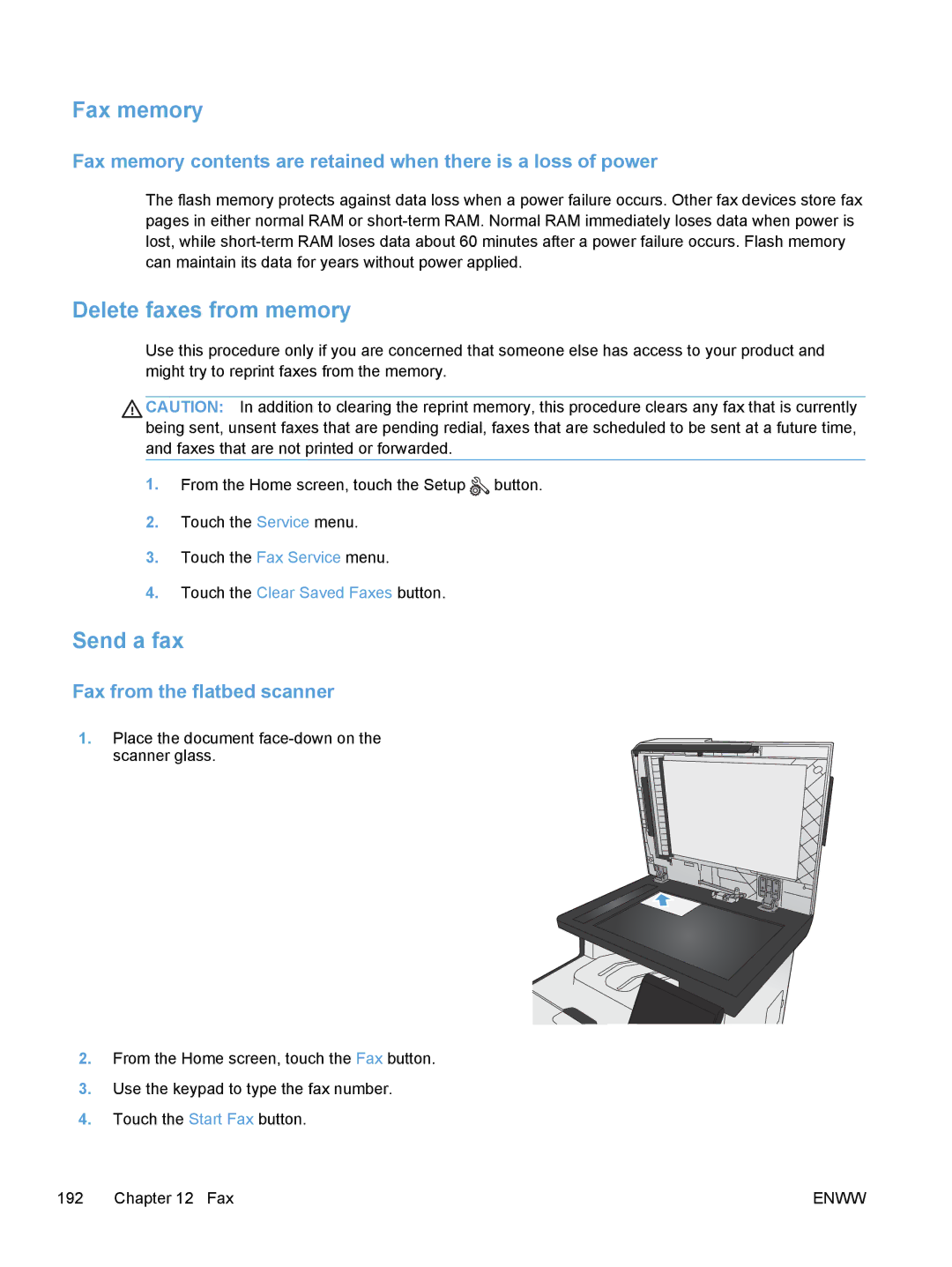 HP M475, M375 manual Fax memory, Delete faxes from memory, Send a fax, Fax from the flatbed scanner 