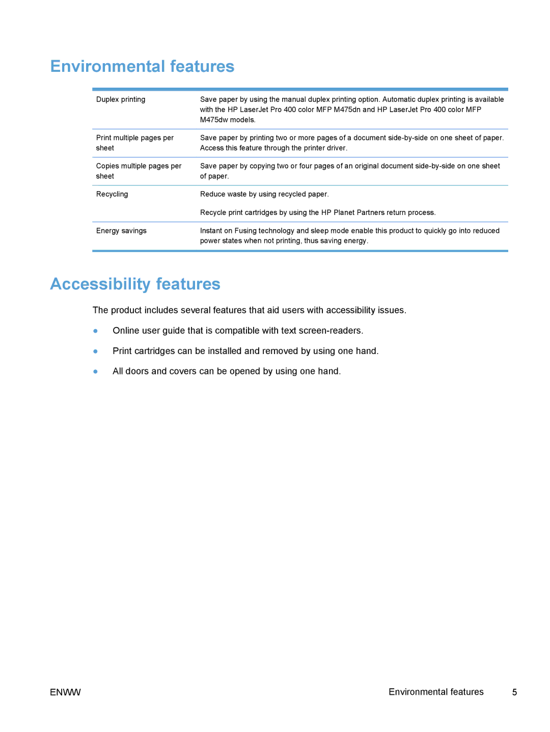 HP M375, M475 manual Environmental features, Accessibility features 