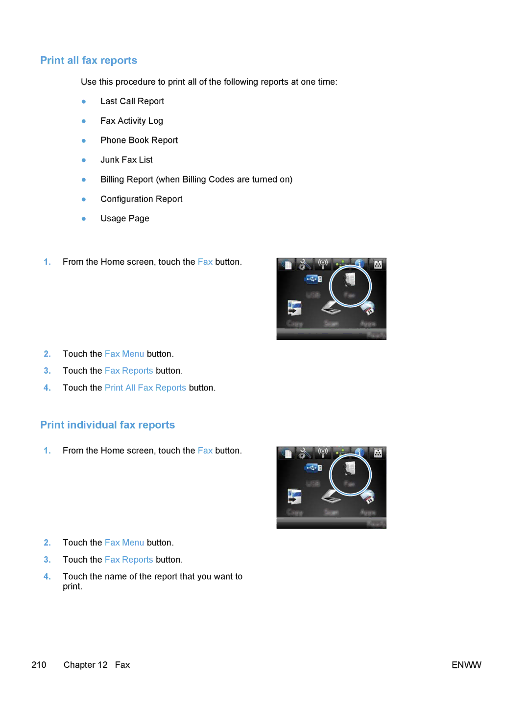 HP M475, M375 manual Print all fax reports, Print individual fax reports 