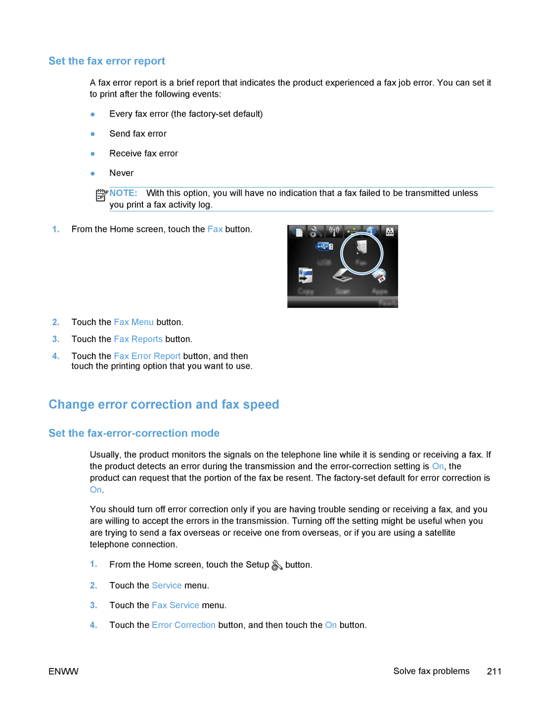 HP M375, M475 manual Change error correction and fax speed, Set the fax error report, Set the fax-error-correction mode 