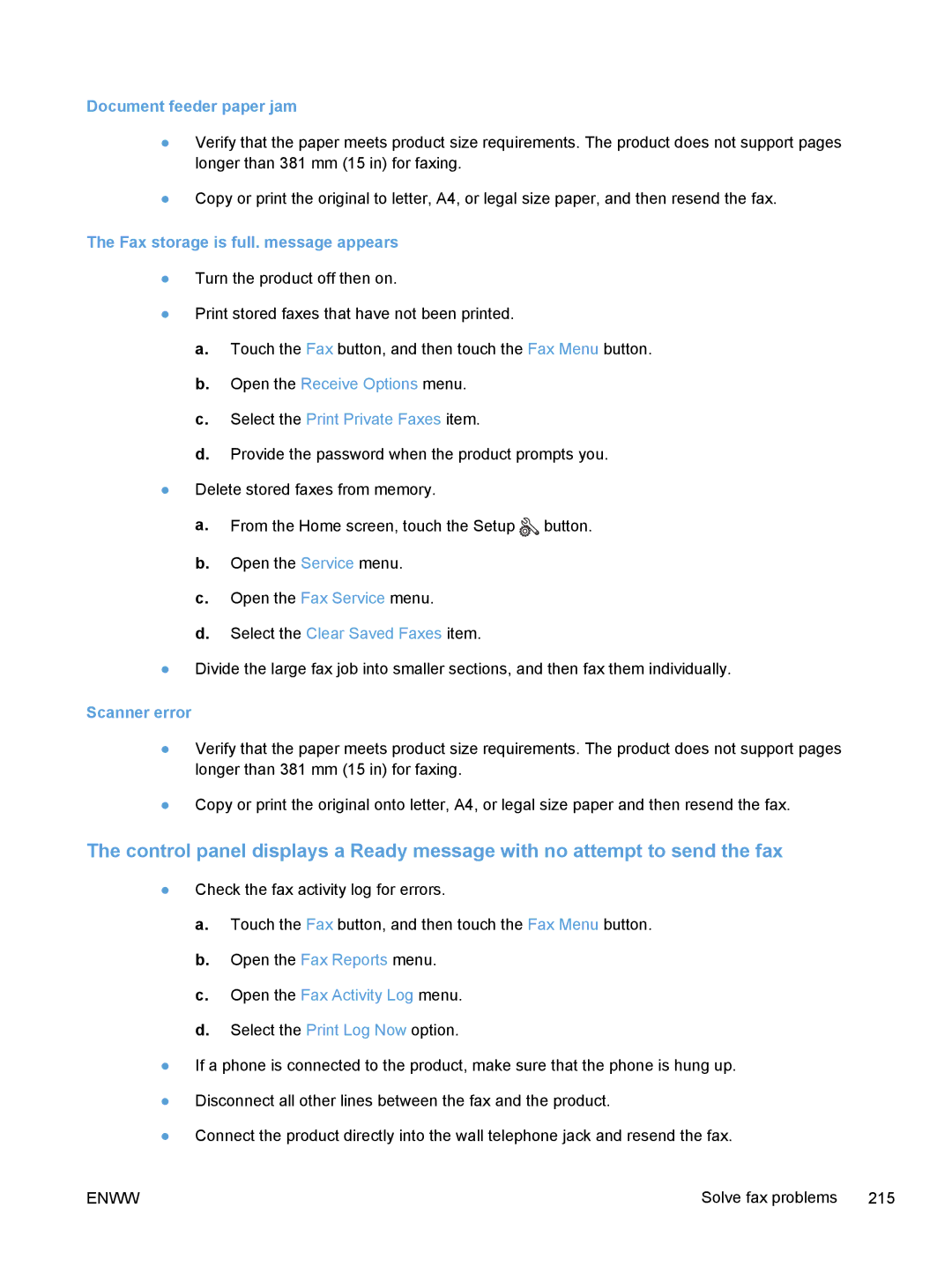 HP M375, M475 manual Document feeder paper jam, Fax storage is full. message appears, Scanner error 