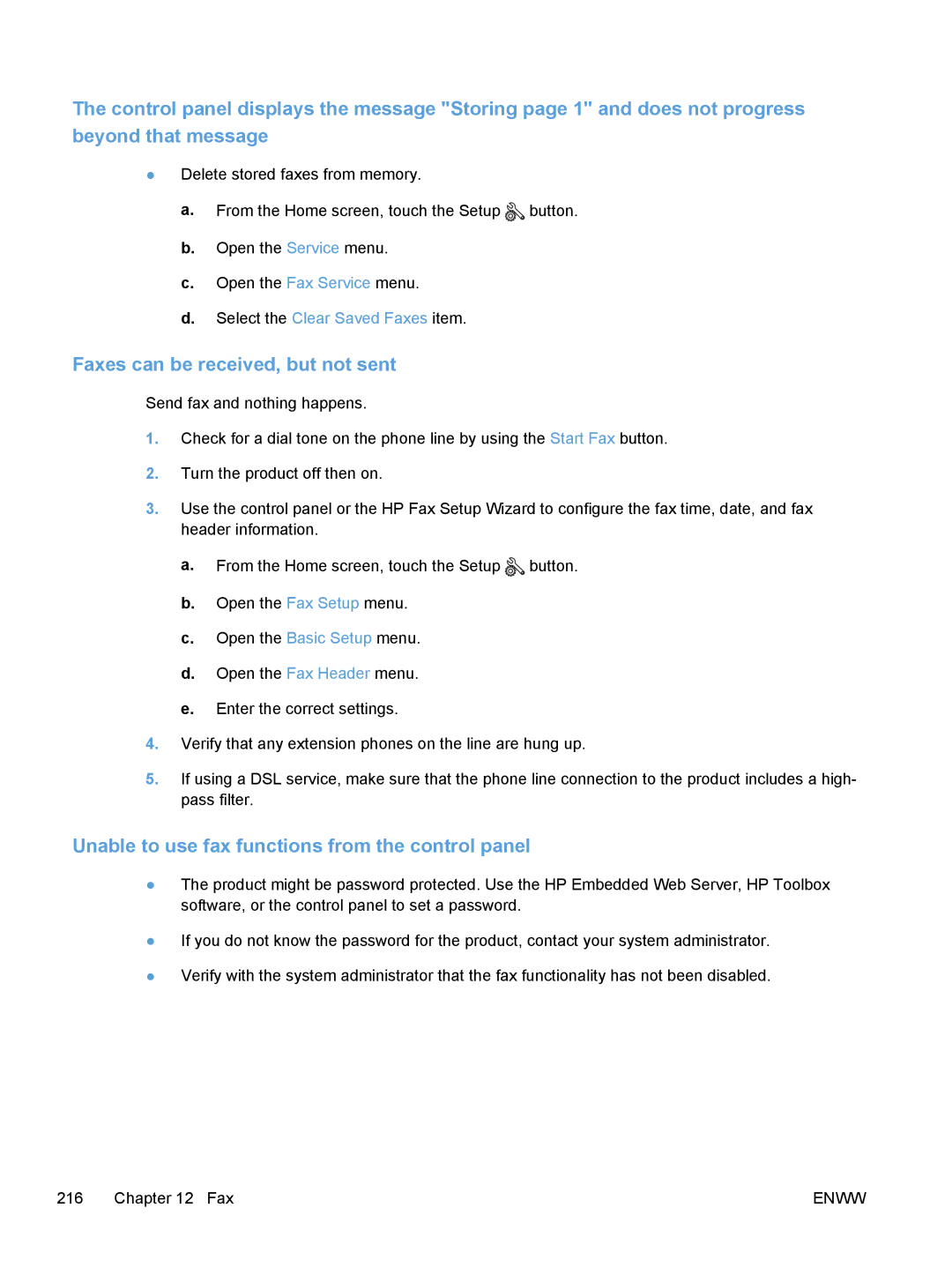 HP M475, M375 manual Faxes can be received, but not sent, Unable to use fax functions from the control panel 