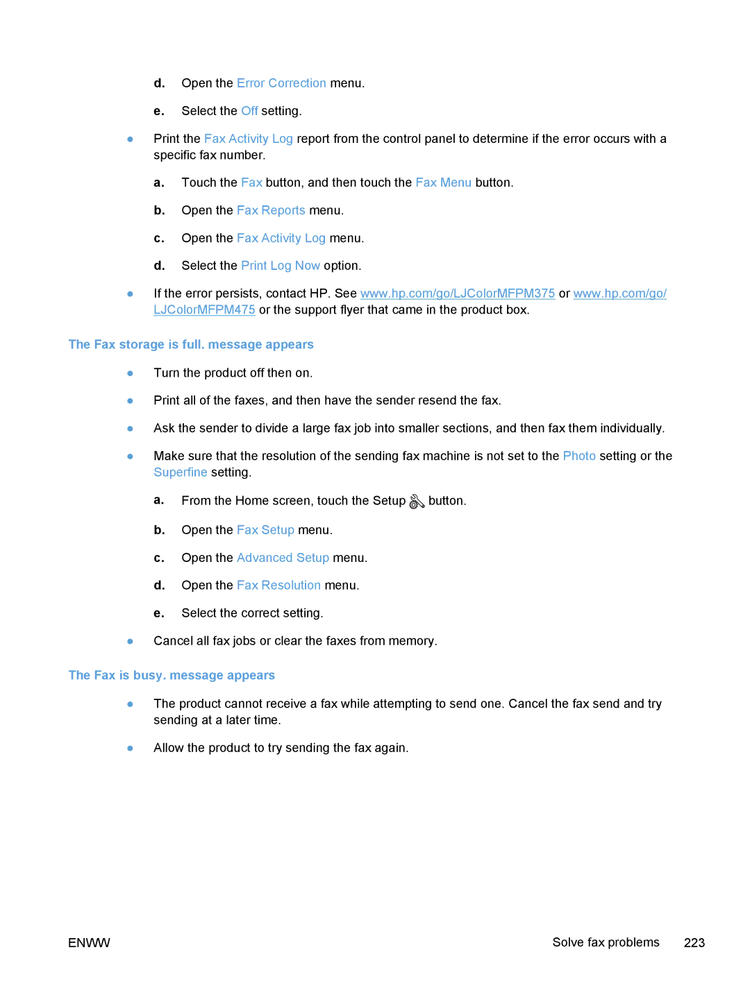 HP M375, M475 manual Open the Advanced Setup menu Open the Fax Resolution menu 