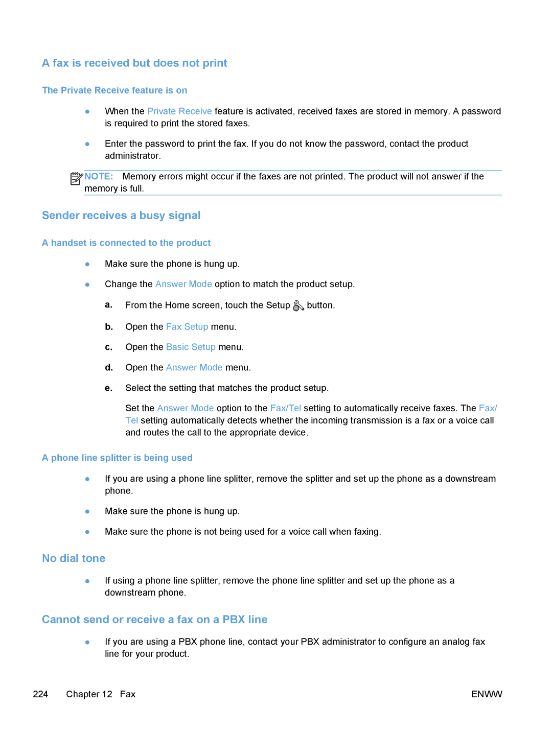 HP M475 Fax is received but does not print, Sender receives a busy signal, Cannot send or receive a fax on a PBX line 