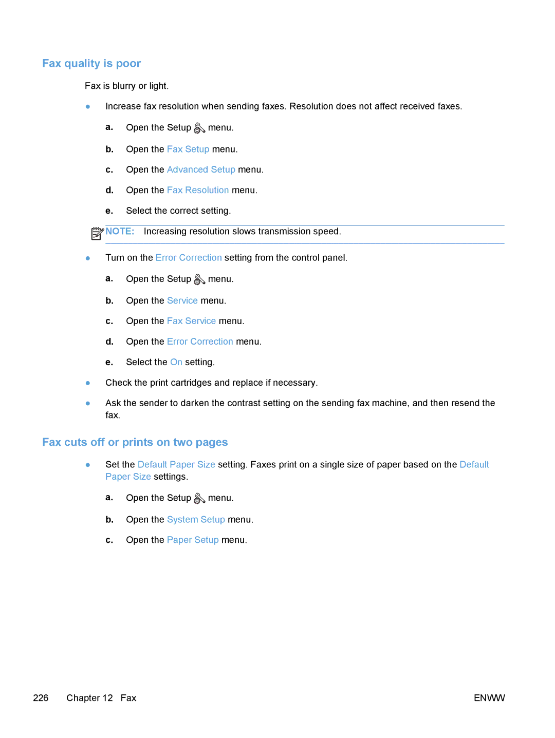 HP M475, M375 manual Fax quality is poor, Fax cuts off or prints on two pages 