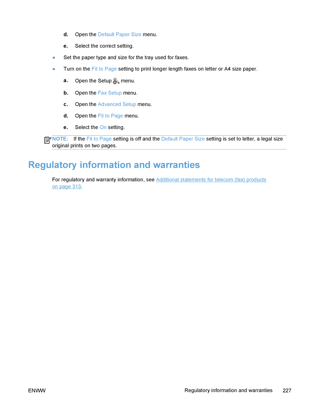 HP M375, M475 manual Regulatory information and warranties, Open the Default Paper Size menu 