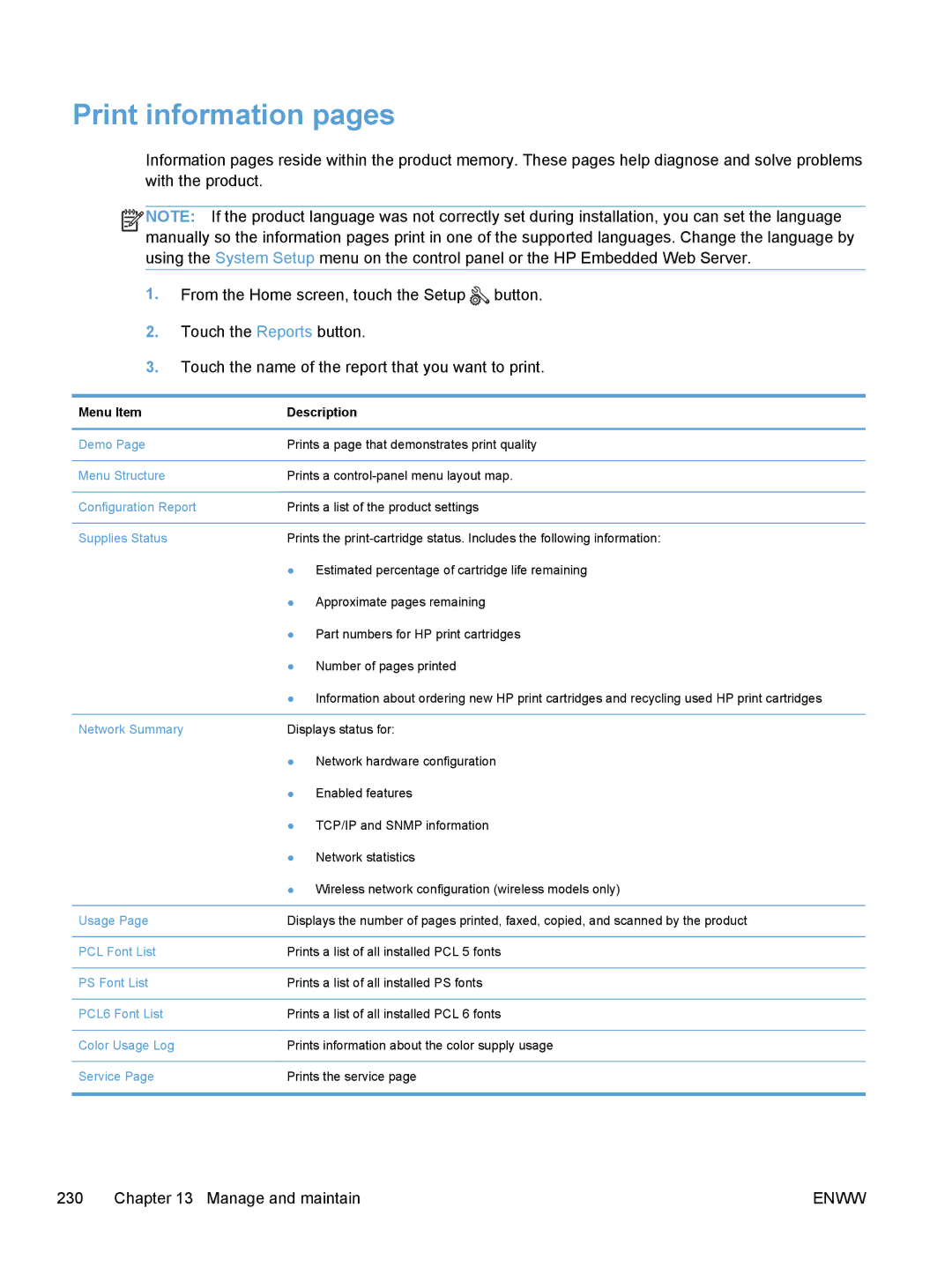 HP M475, M375 manual Print information pages, Menu Item Description 