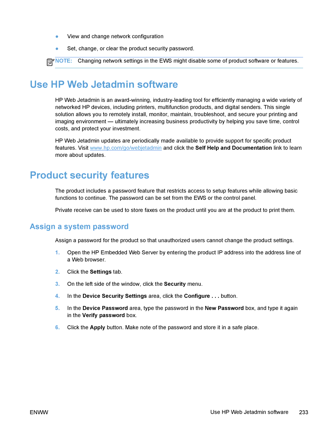 HP M375, M475 manual Use HP Web Jetadmin software, Product security features, Assign a system password 