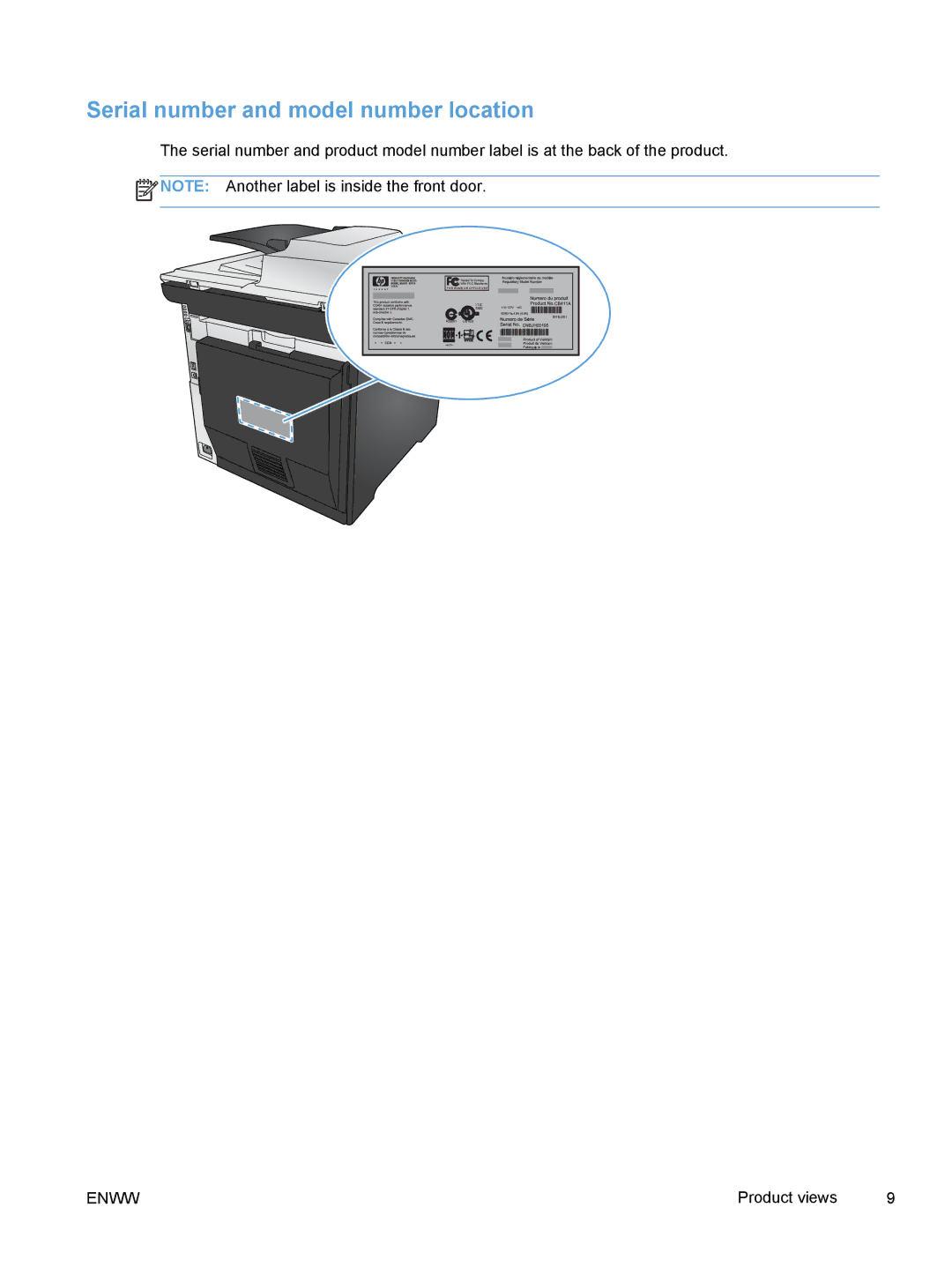 HP M375, M475 manual Serial number and model number location 