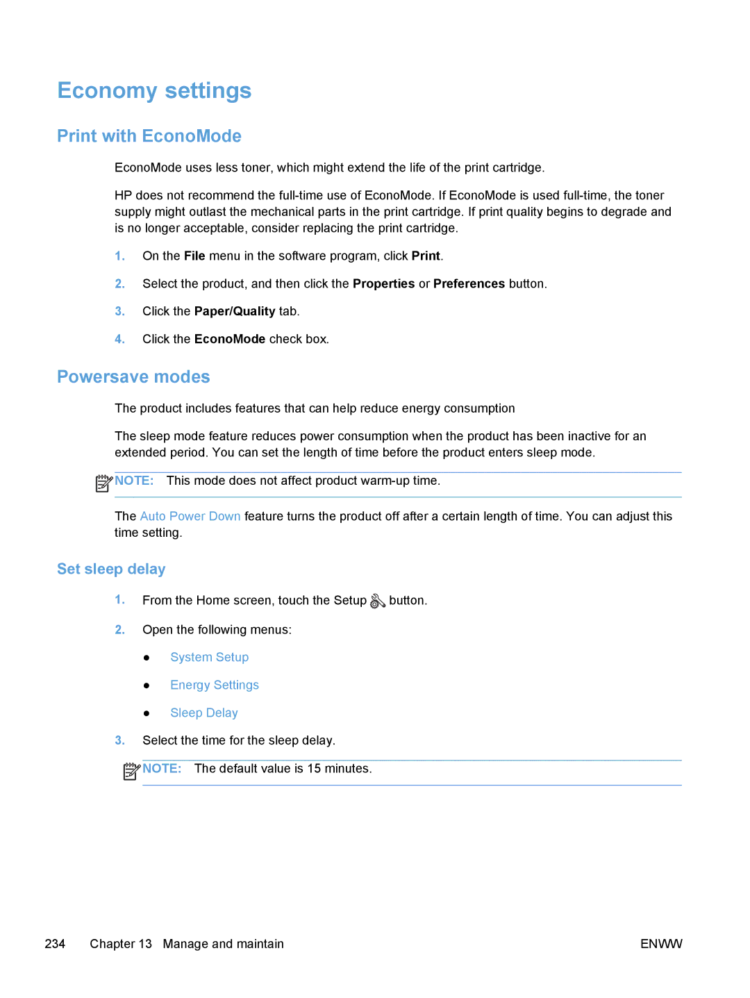 HP M475, M375 manual Economy settings, Print with EconoMode, Powersave modes, Set sleep delay 