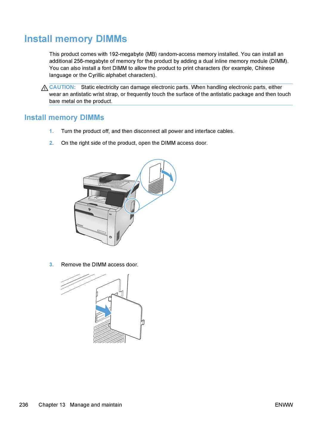 HP M475, M375 manual Install memory DIMMs 