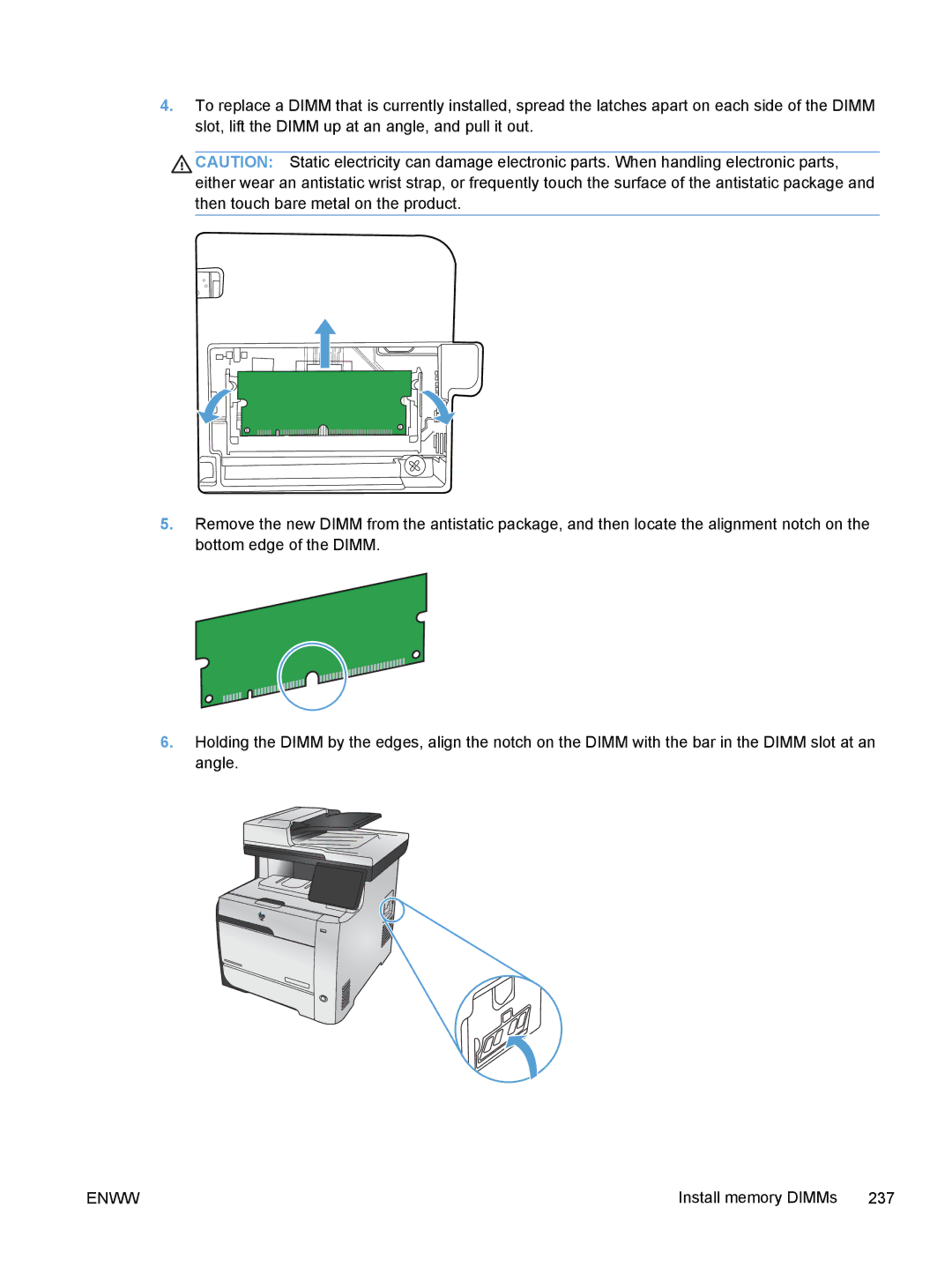 HP M375, M475 manual Install memory DIMMs 