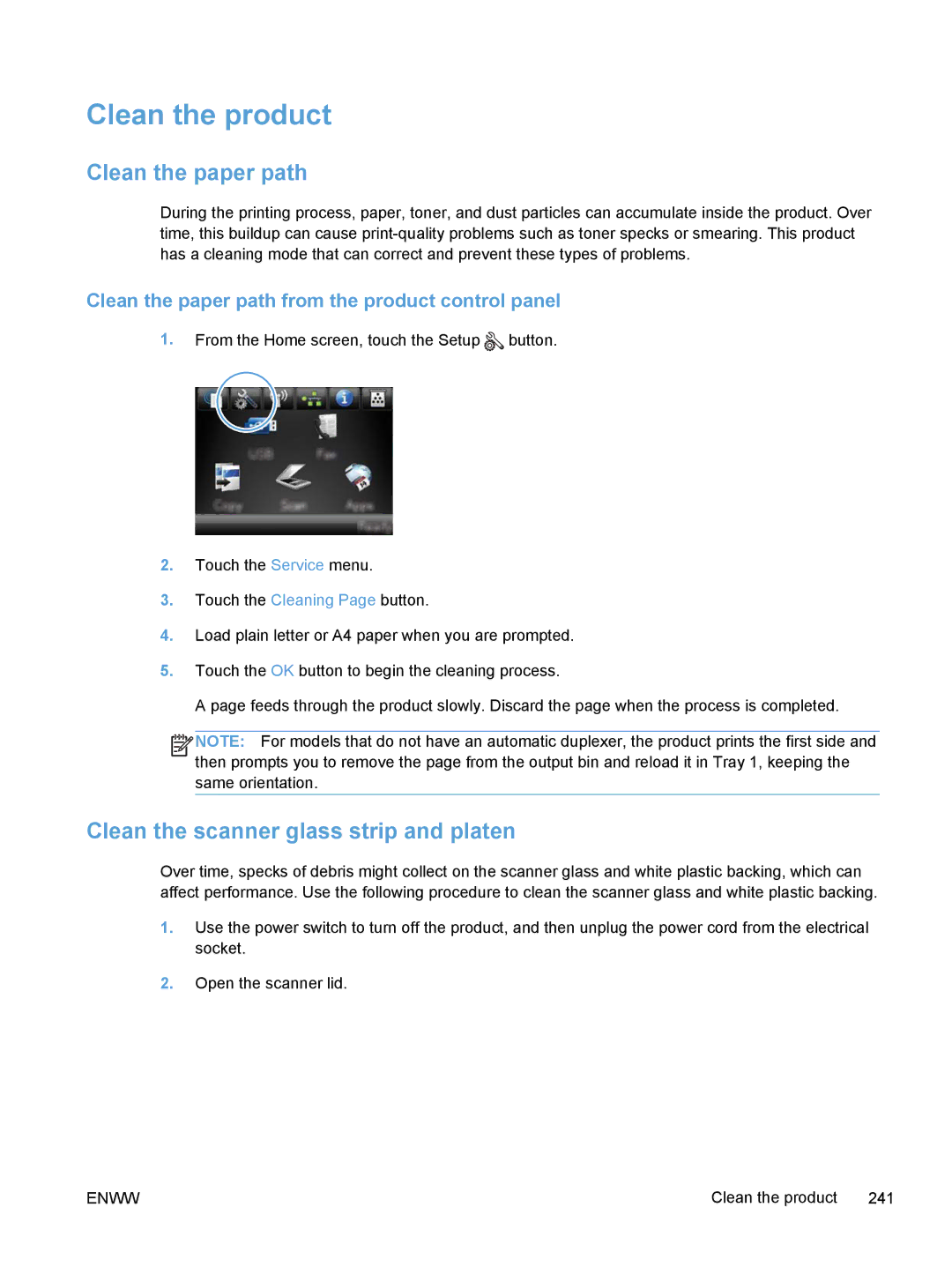 HP M375, M475 manual Clean the product, Clean the paper path, Clean the scanner glass strip and platen 