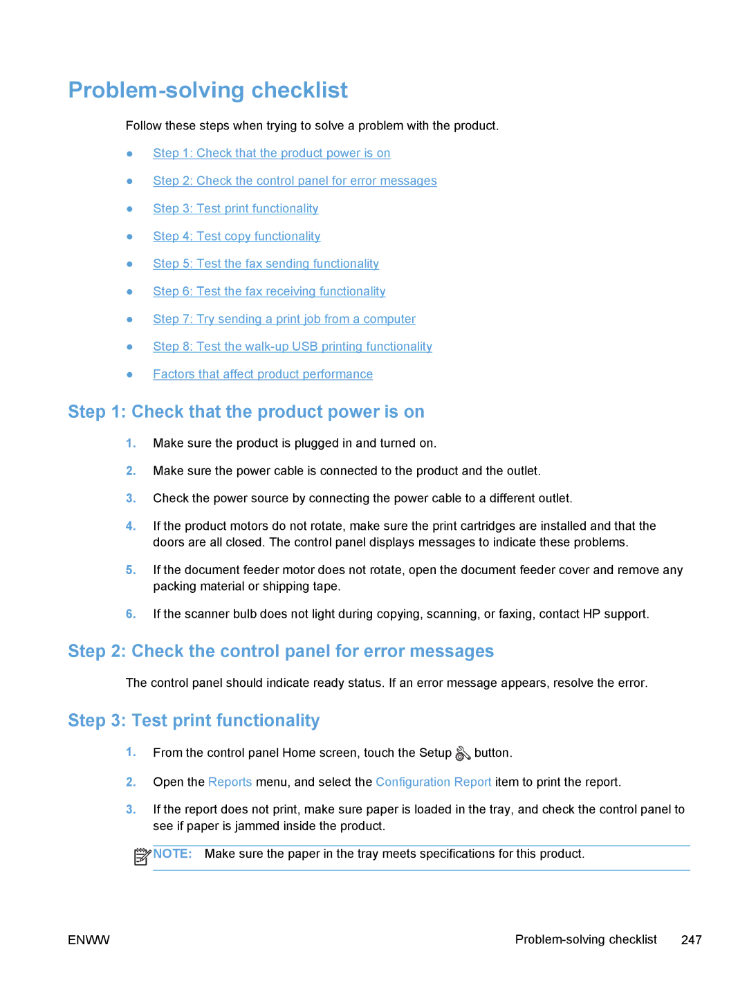 HP M375, M475 Problem-solving checklist, Check that the product power is on, Check the control panel for error messages 