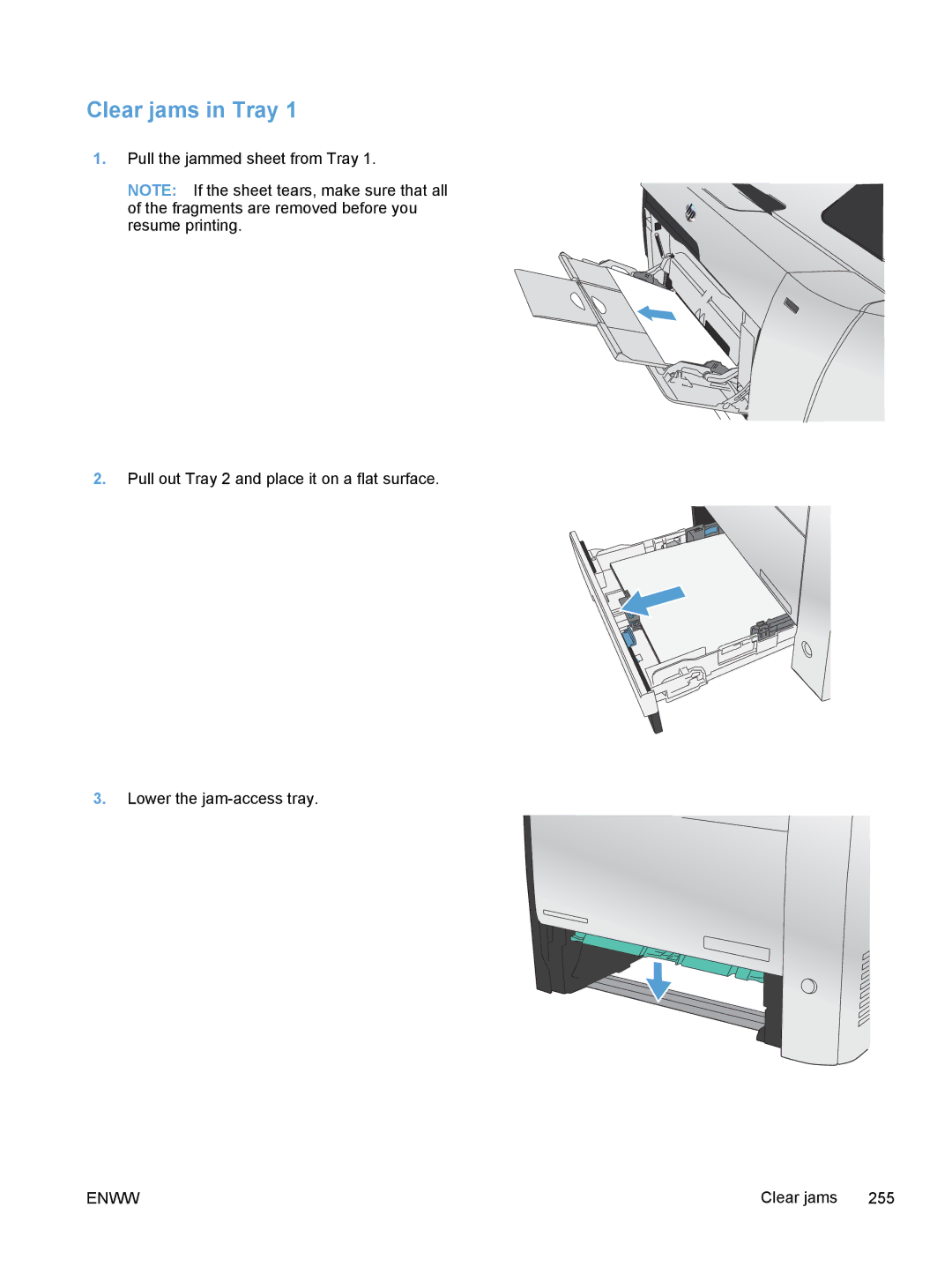 HP M375, M475 manual Clear jams in Tray 