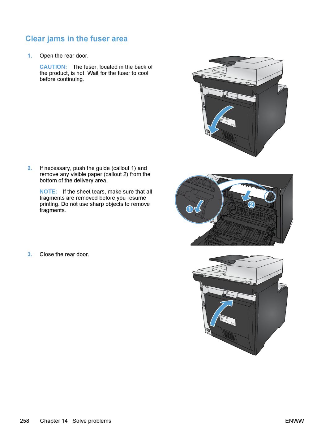 HP M475, M375 manual Clear jams in the fuser area 