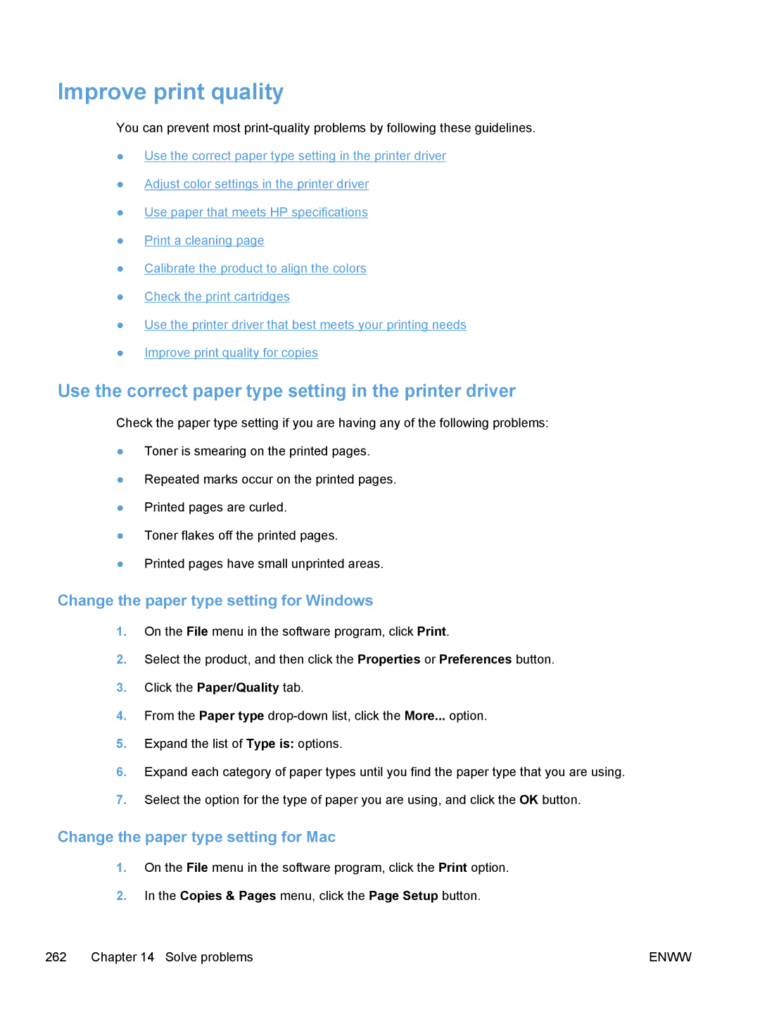 HP M475, M375 manual Improve print quality, Use the correct paper type setting in the printer driver 