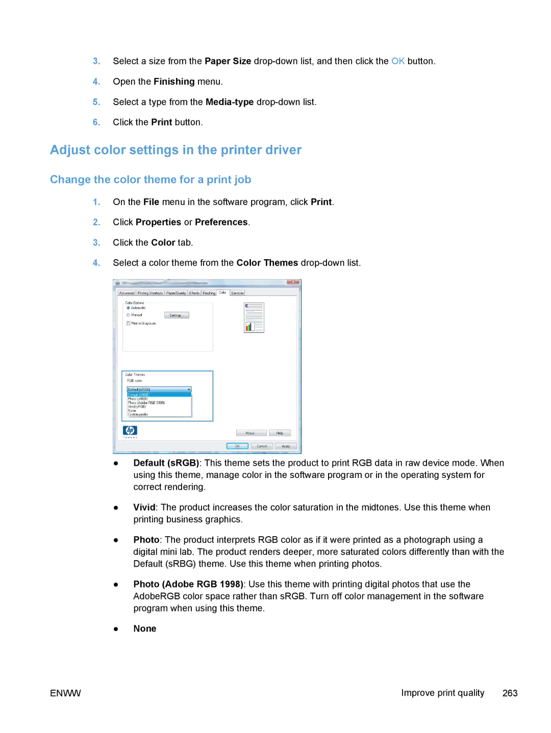 HP M375, M475 manual Adjust color settings in the printer driver, Change the color theme for a print job 