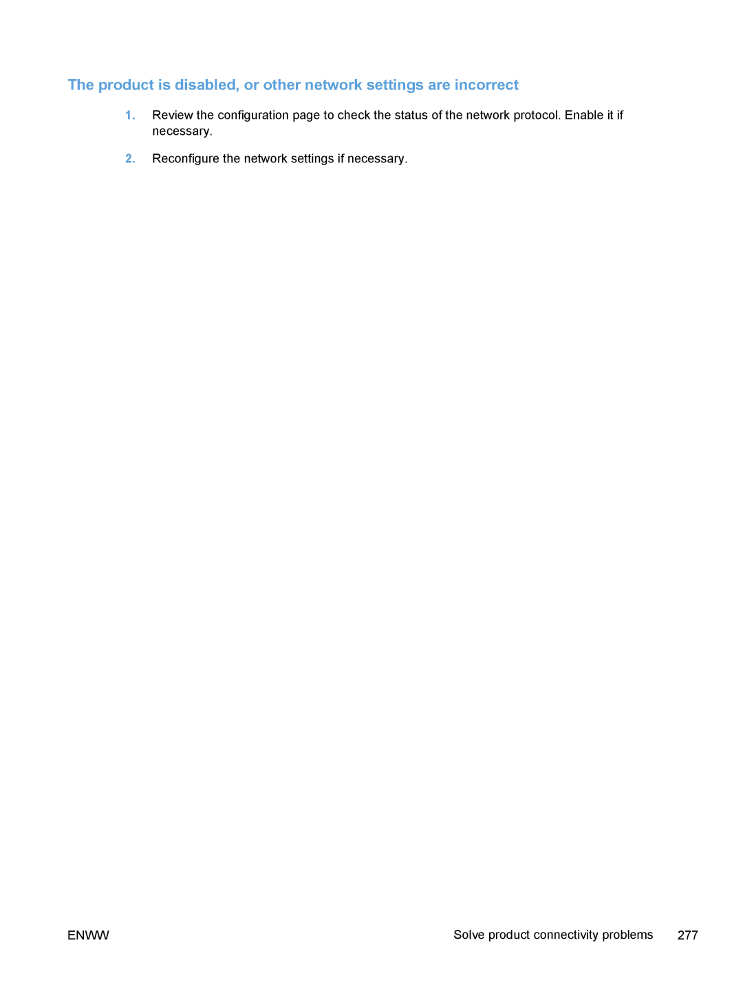 HP M375, M475 manual Product is disabled, or other network settings are incorrect 