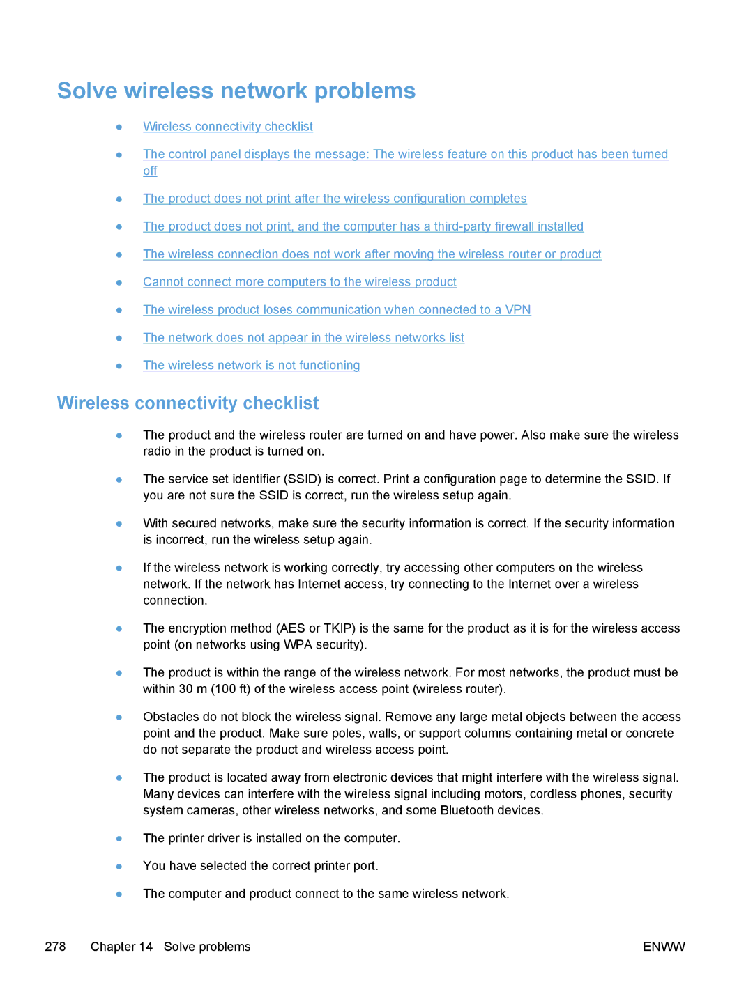 HP M475, M375 manual Solve wireless network problems, Wireless connectivity checklist 