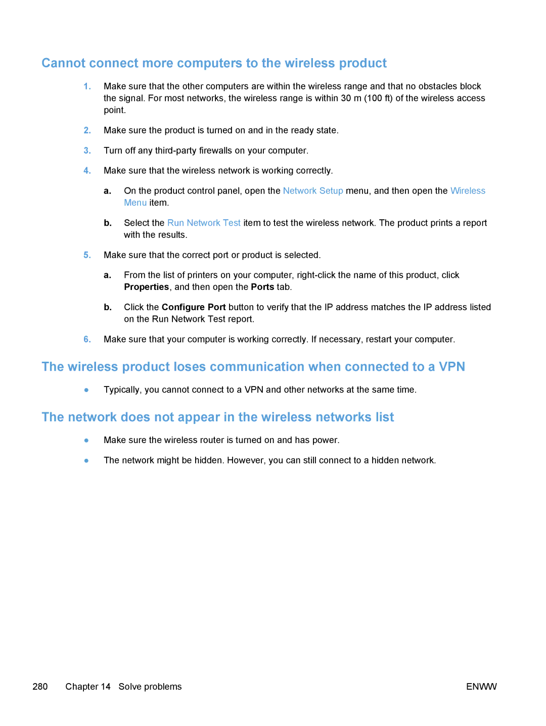 HP M475, M375 Cannot connect more computers to the wireless product, Network does not appear in the wireless networks list 