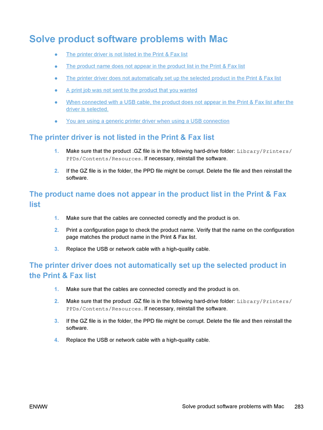 HP M375, M475 manual Solve product software problems with Mac, Printer driver is not listed in the Print & Fax list 