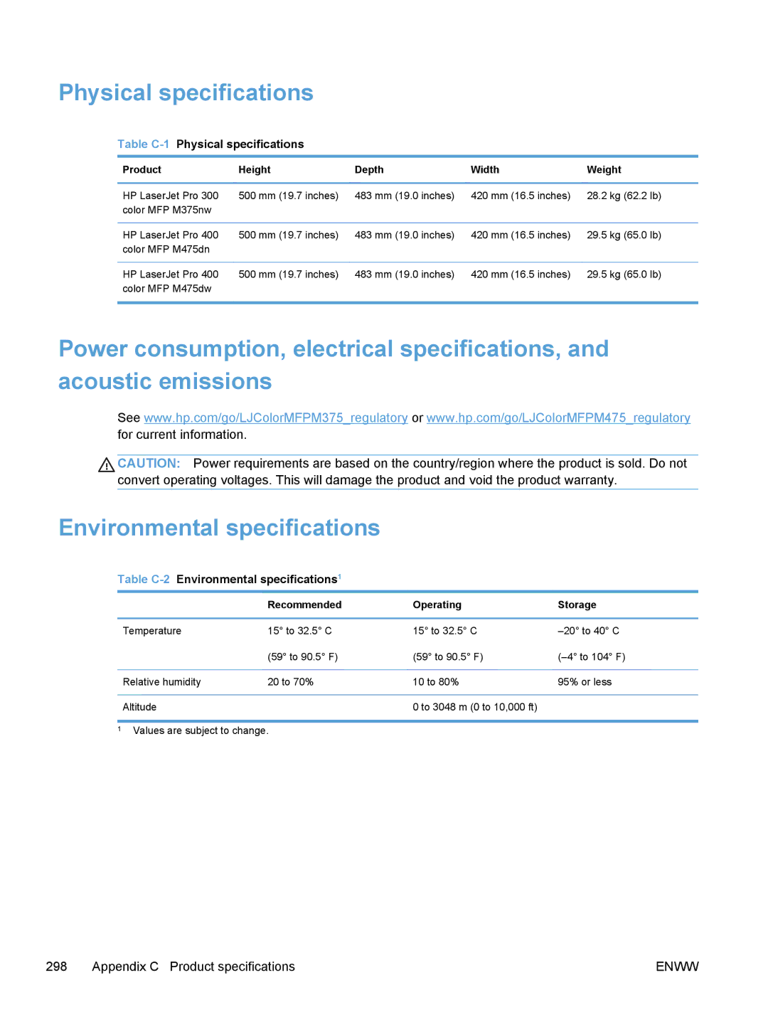 HP M475, M375 manual Physical specifications, Product Height Depth Width Weight, Recommended Operating Storage 