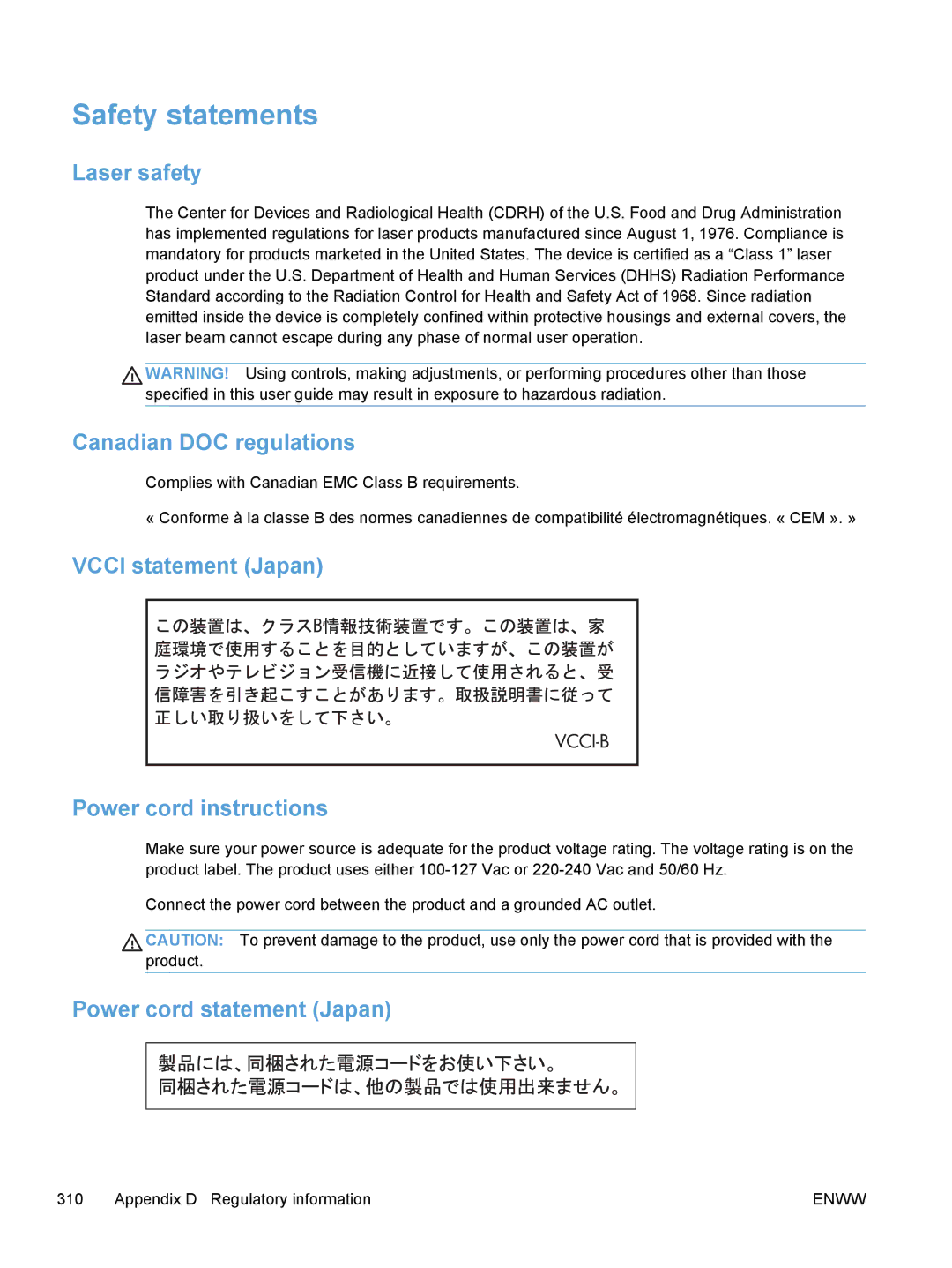 HP M475, M375 manual Safety statements, Laser safety, Canadian DOC regulations, Vcci statement Japan Power cord instructions 