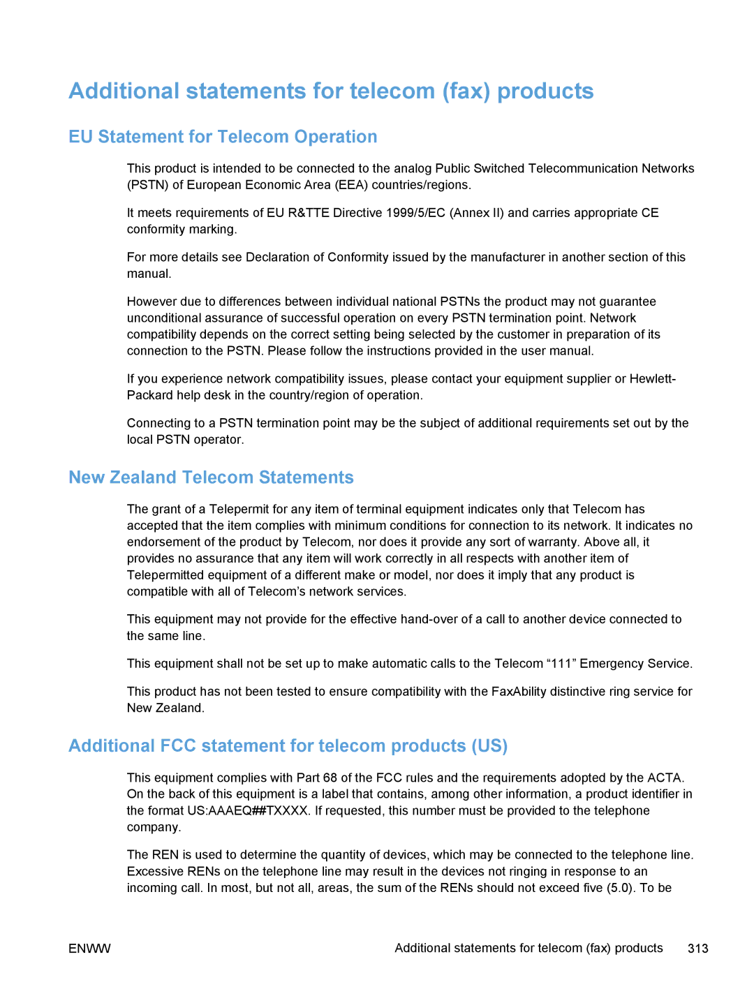 HP M375 Additional statements for telecom fax products, EU Statement for Telecom Operation, New Zealand Telecom Statements 