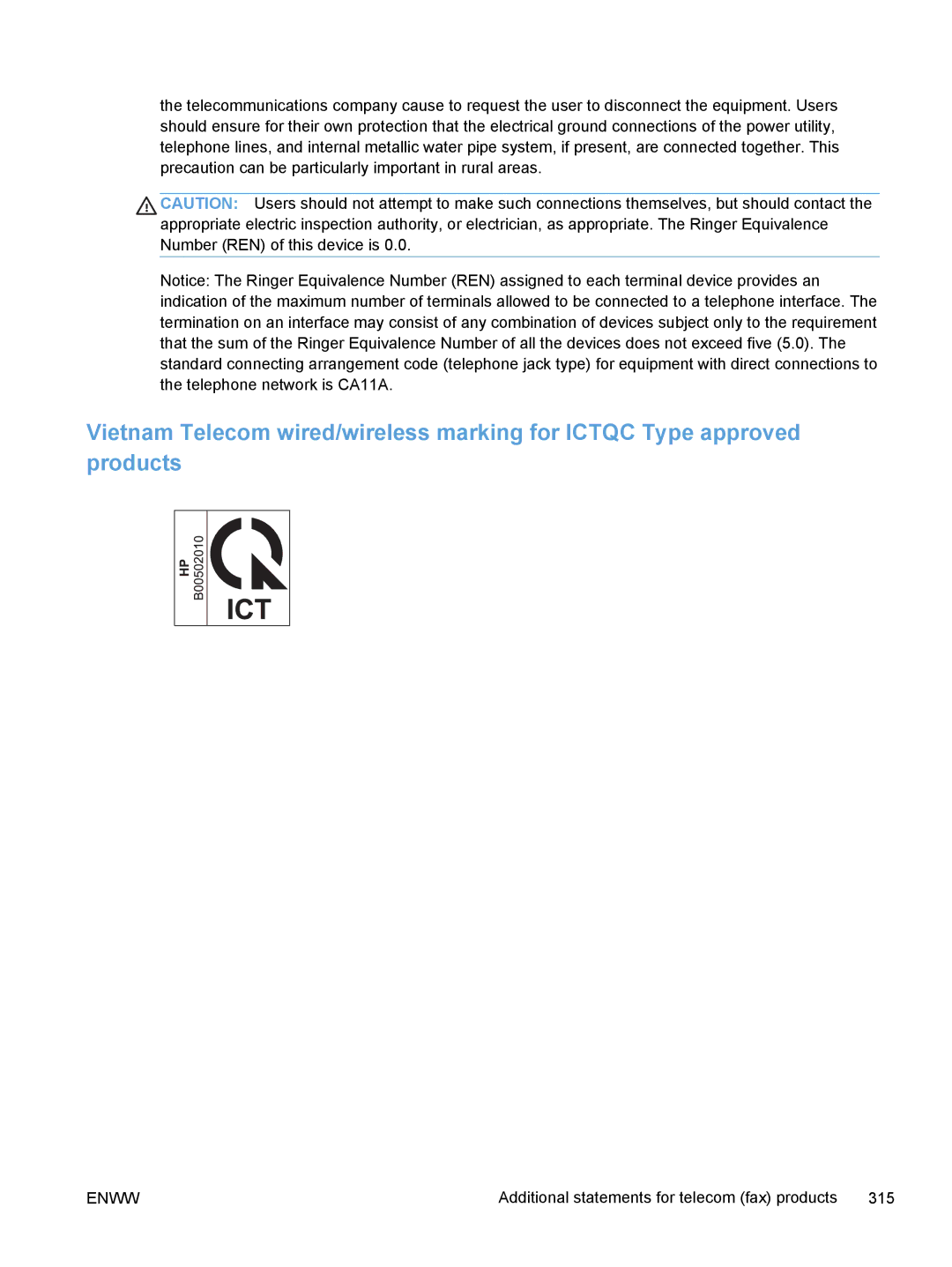 HP M375, M475 manual Additional statements for telecom fax products 315 