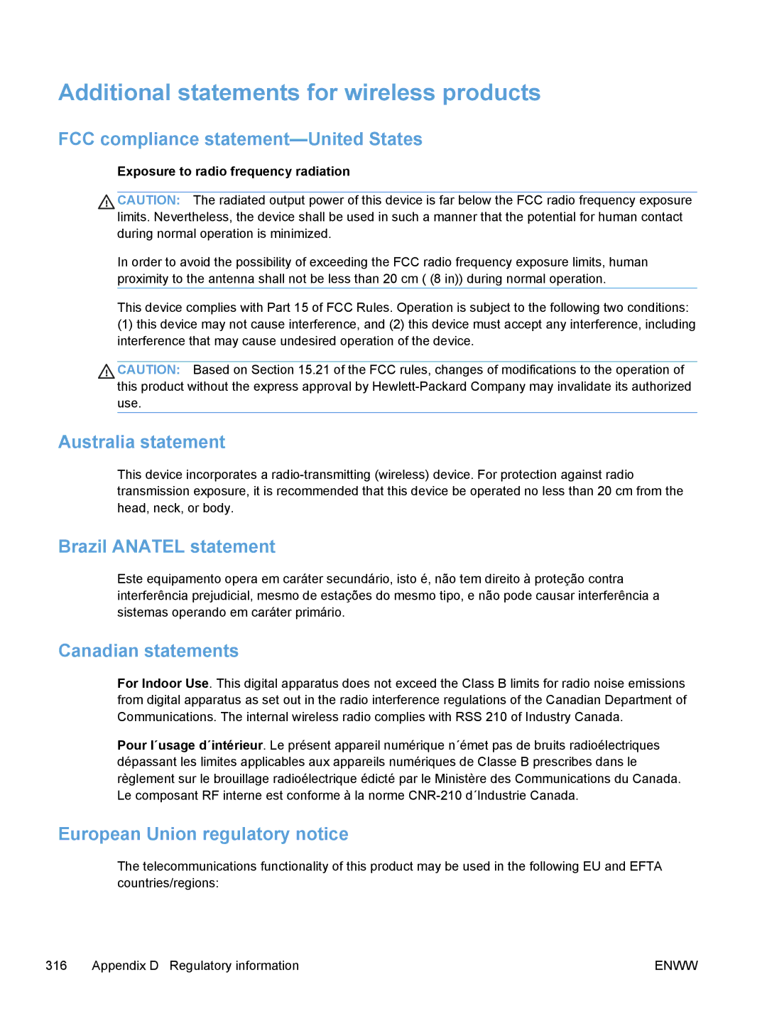 HP M475, M375 manual Additional statements for wireless products 