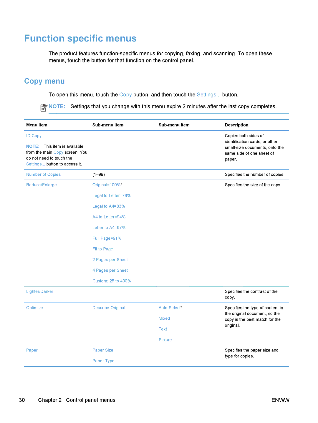 HP M475, M375 manual Function specific menus, Copy menu 