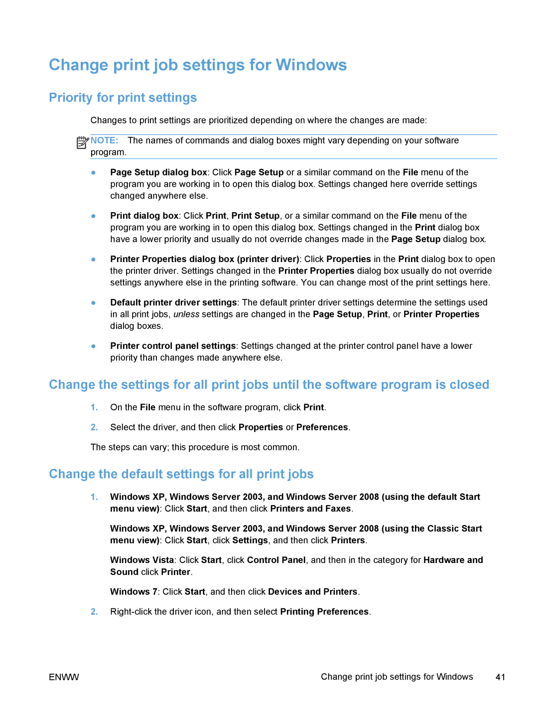 HP M375 Change print job settings for Windows, Priority for print settings, Change the default settings for all print jobs 