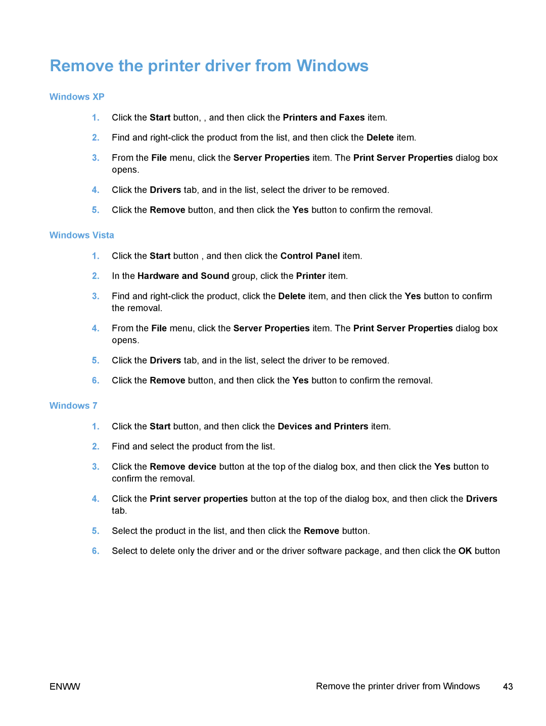 HP M375, M475 manual Remove the printer driver from Windows, Windows XP, Windows Vista 