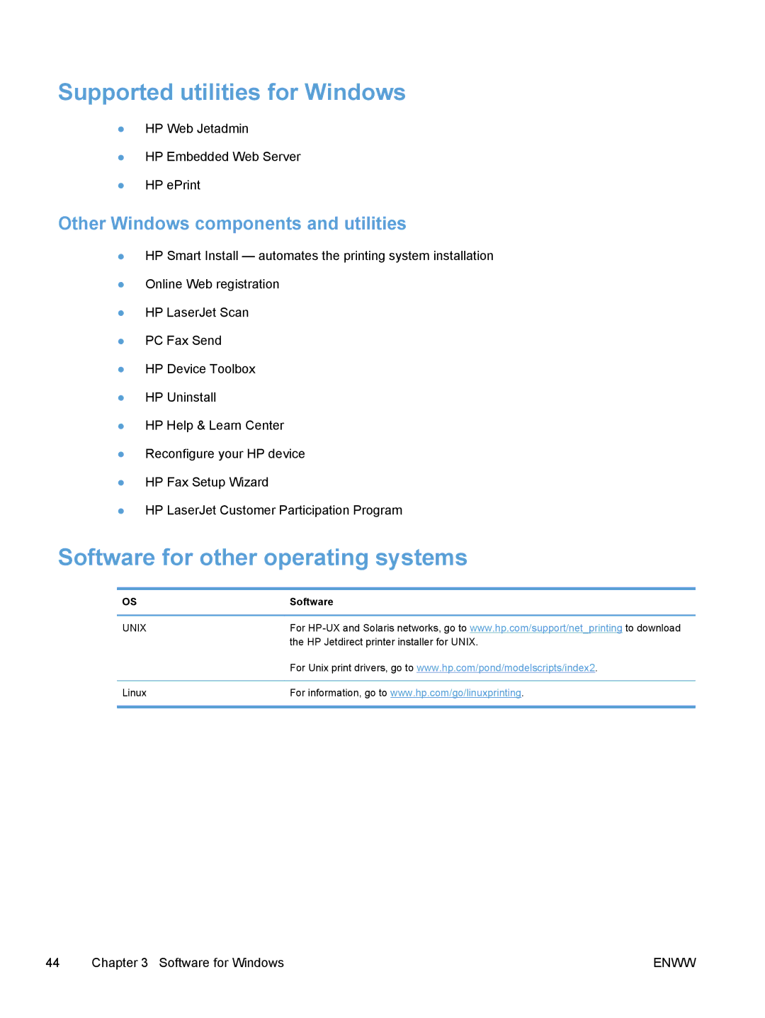 HP M475 Supported utilities for Windows, Software for other operating systems, Other Windows components and utilities 