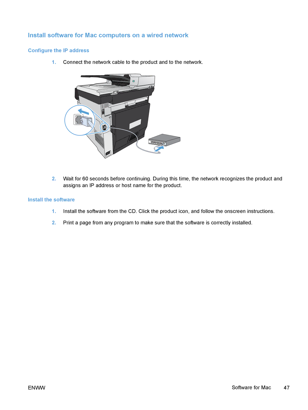 HP M375, M475 manual Install software for Mac computers on a wired network, Configure the IP address, Install the software 