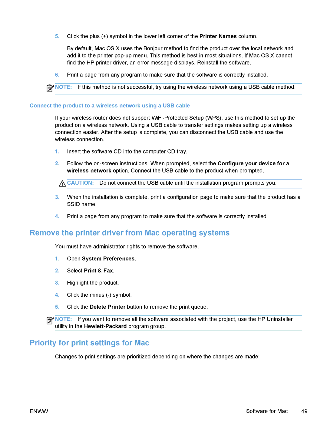 HP M375, M475 manual Remove the printer driver from Mac operating systems, Priority for print settings for Mac 