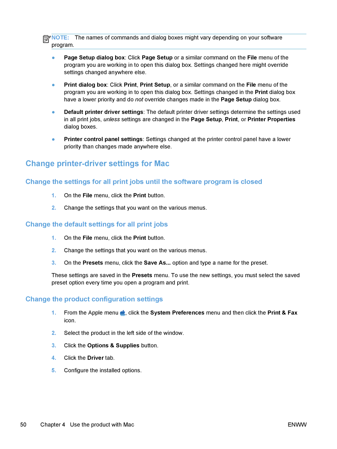 HP M475, M375 manual Change printer-driver settings for Mac, Change the default settings for all print jobs 