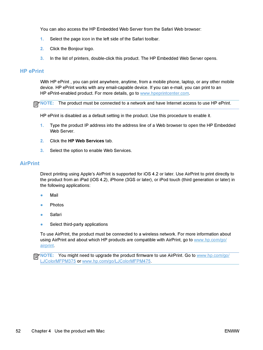 HP M475, M375 manual HP ePrint, AirPrint 